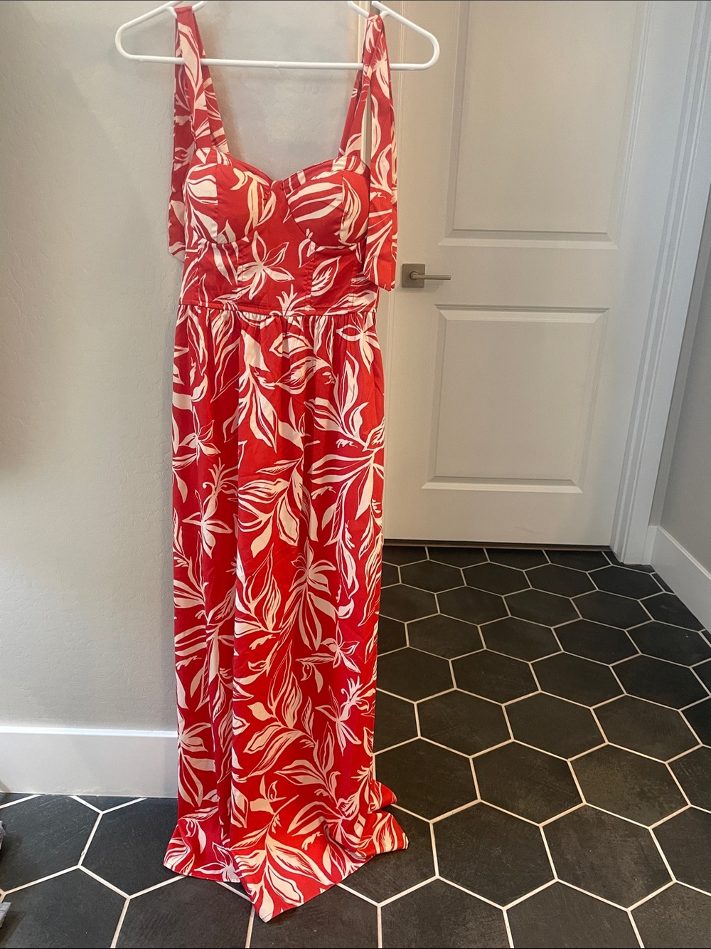 Red Floral Maxi Dress with White Leaf Print